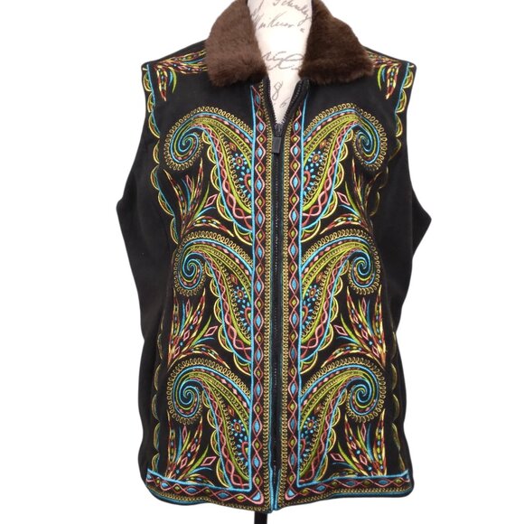 Bob Mackie | Black Embroidered Vest Faux Fur Collar Front Zip | Size L - Picture 1 of 7